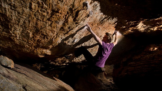 Micky Page on the first ascent of King of Limbs 8b+ or 8c  © Nick Brown - Outcrop Films