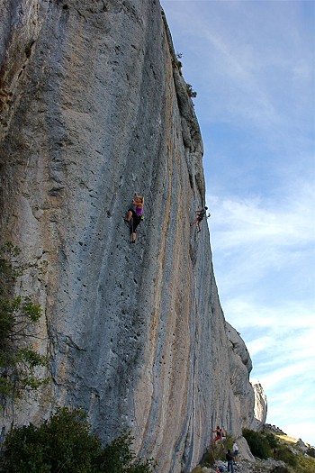 Hazel Findlay climbing La Femme Blanche (8a+) at Ceuse, France  © Alex Haslehurst