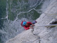 Looking 2,500 ft down top pitch of Steger Route, Catanaccio, Dolomites