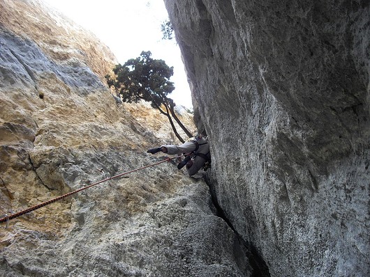 Graeme Read on the penultimate chimney pitch. Three bolts protect up to the tree. in the 70's it was one peg!  © SteveSBlake