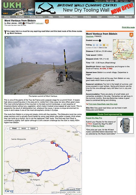 Example route card of Mont Ventoux  © UKClimbing Limited