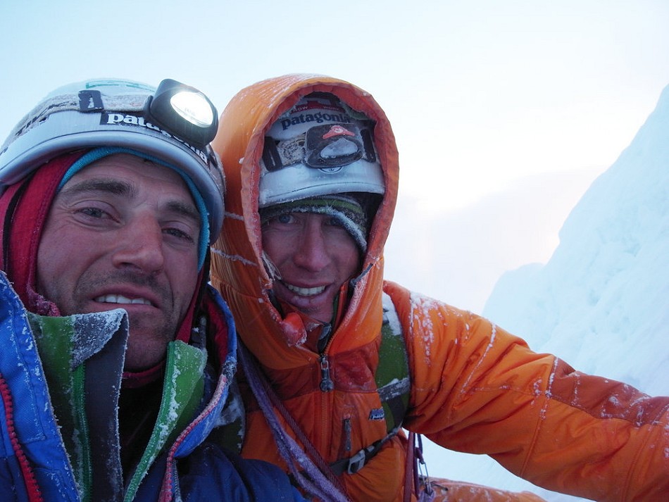 Jon Bracey and Matt Helliker on the summit of the north buttress of Mt Hunter.  © Alastair Lee/posingproductions.com