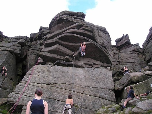 Nick on Flying Buttress Direct E1 5b at Stanage.  © Paul Mealor