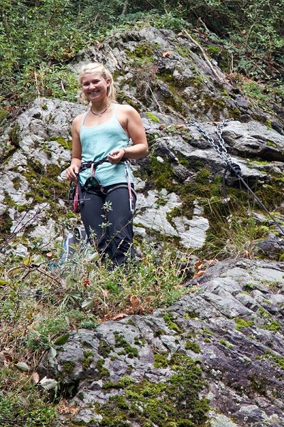 Hazel Findlay, one of the UK's top climbers, is also a keen abseiler. Here about to launch in to action at Le Fayet, France.  © Jack Geldard