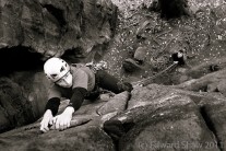 Brian leading Marathon Man at Shining Cliff (E3 6a)with Mike belaying