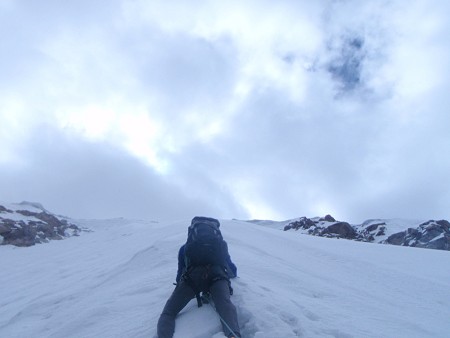Jonny B on the upper snow/ice of Bhaio aur bheno ki khushi 700m (5985m) in the Raru Valley.  © Kunal Masania