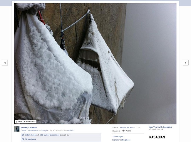 Tommy Caldwell's snow covered portaledges - high on El Cap  © Screen shot from Facebook
