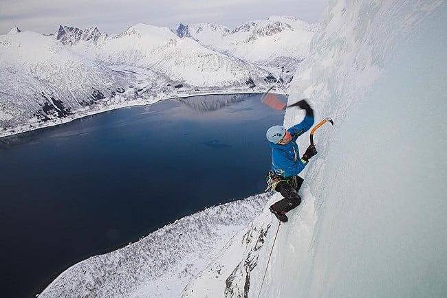 Aljaz Anderle climbing on Finnkona icefall on Senja Island, Norway.  © Urban Golob