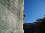 Accy Nez onsighting No Man's Land at Buoux - mid week, December, almost too hot to climb!