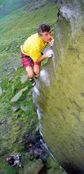Kevin Thaw on the first ascent of the striking arete of 'Order of the Phoenix' (E8) at Wimberry  © Kevin Thaw Collection