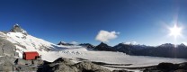 Colin Todd hut overlooking Bonar glacier with Mount Aspiring / Tititea to the left
