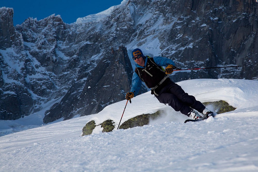 Charlie Boscoe skiing the Pas de Chevre beneath the Dru North Face  © Jack Geldard