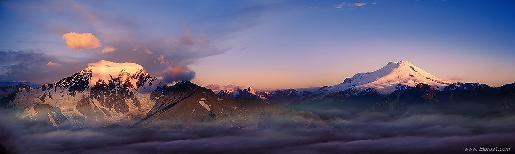 Early morning panorama view of Central Caucasus - Mt. Elbrus and peak Donguz-Orun.  © VladimirKopylov