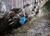 James Squire climbing 'Boy Racer' at Dinas Rock (Main Crag).