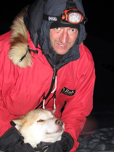Harnessing Cracker in the black of the Arctic winter by the light of my Petzl Ultra Accu 2