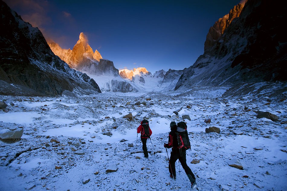 David Lama and Daniel Steuerer hiking the Cerro Torre Glacier on the approach to Cerro Torre in the pre-dawn light  © Corey Rich/Red Bull Content Pool