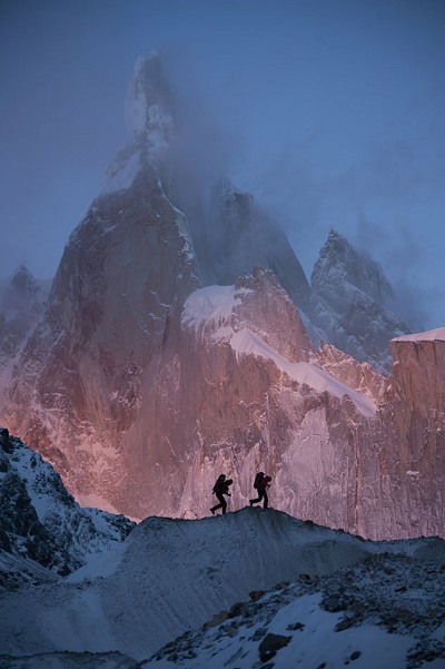 David Lama and Daniel Steuerer underneath the impressive Cerro Torre  © Corey Rich/Red Bull Content Pool