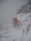 North gully, ice axe in hand