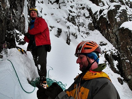 My two wise friends, Guy Robertson and Pete McPherson gearing upbeneath Satyr  © Nick Bullock