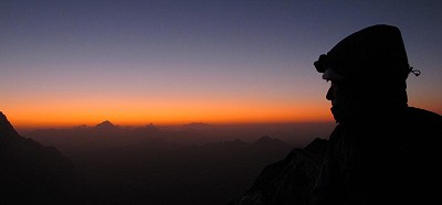 Dave Rudkin, Aig Blanche summit at Dawn. Photo; Matt Styga  © Tim Neill - BMG