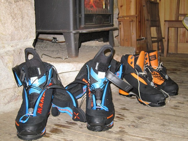 Nordwand boots drying out showing the laces and Velcro inner boot system.  © vscott