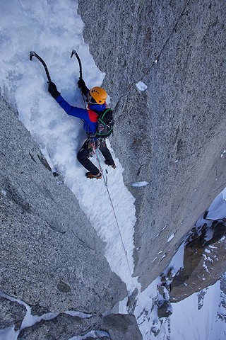 On the stunning ice pitches of Late to Say I'm Sorry, Aiguille Verte  © Jon Griffith