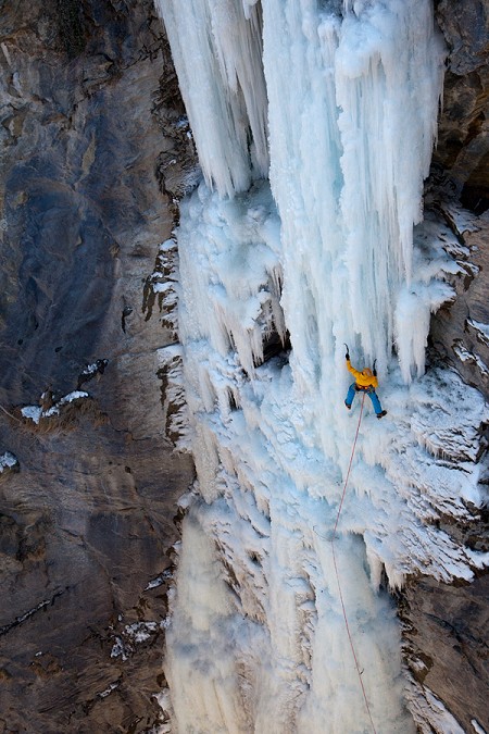 Tim Emmett climbing the classic grade 5 icefall of Joyeux Noel, Cogne  © Jack Geldard
