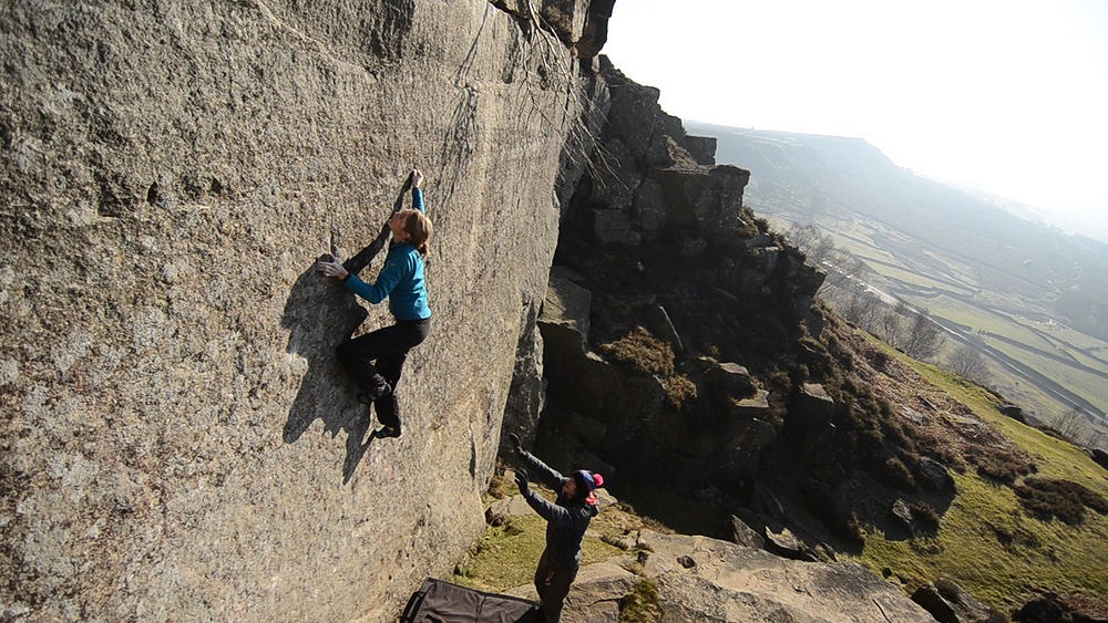 Katy Whittaker on Walk on By at Curbar (Still shot from video)  © Nick Brown, Outcrop Films