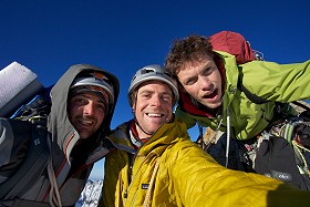 Geoff Unger, Jon Griffith and Will Sim on the summit of the Grandes Jorasses  © Jon Griffith / Alpine Exposures