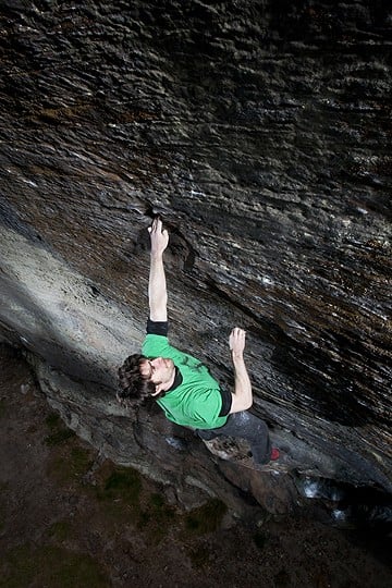 Dan Varian attempting his new route Empty the Bones of You, before his successful ascent.