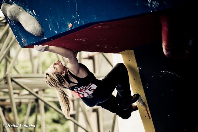 Shauna Coxsey competing in the Chongqing round of the Bouldering World Cup 2012  © Heiko Wilhelm