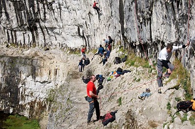 John Dunne and Nigel Bonnett climbing at Malham during the BMC AGM. John and Nigel said that the BMC should concentrate on Access, especially at world class venues like Malham and supporting the UK's competition climbers. © Mick Ryan   © Mick Ryan - Senior Editor - UKC and UKH