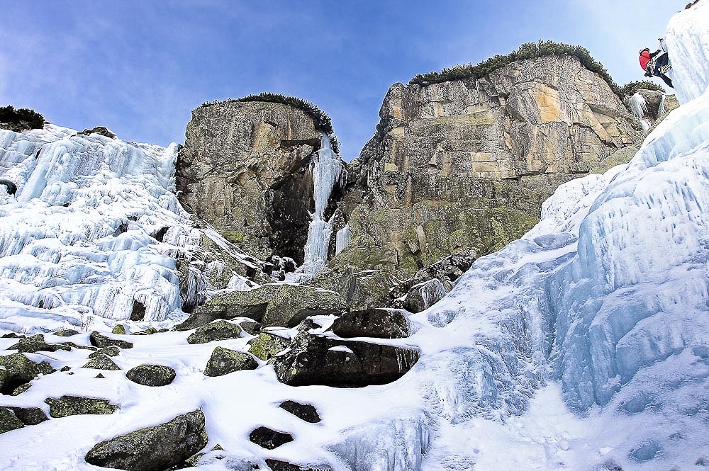 Easy but beautiful cascades of Skok icefall (WI3) in High Slovakian Tatra Mountains. An auto portrait.  © Kamil Tamiola