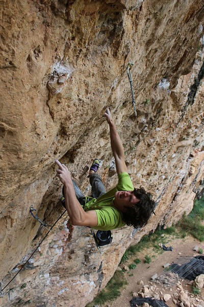 Tom Bolger on his new route Gypsy Blood (8c+) at Santa Linya  © Lynne Malcolm