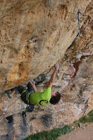 Tom Bolger on his new route Gypsy Blood (8c+) at Santa Linya  © Lynne Malcolm