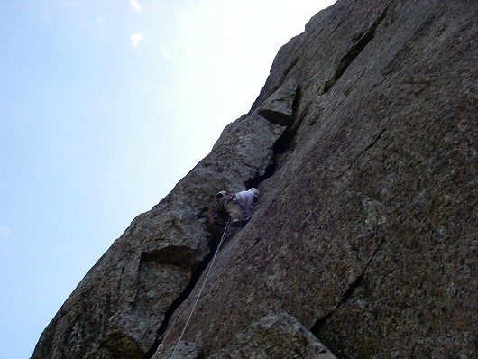 Olly on the crux pitch of Central Buttress  © mfisher