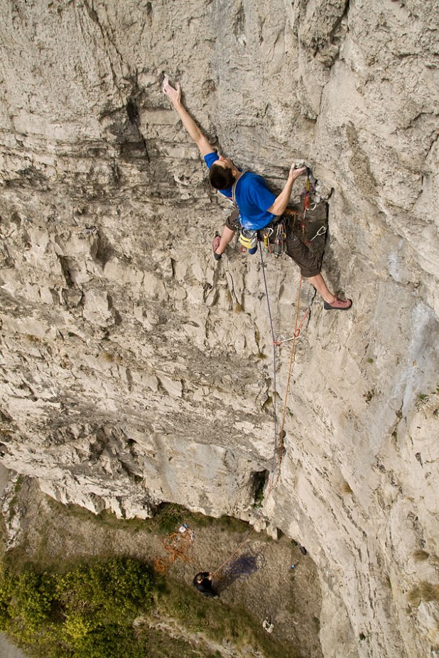 Luke Holmes climbing Scoop Wall at Stoney Middleton  © Dan Lane