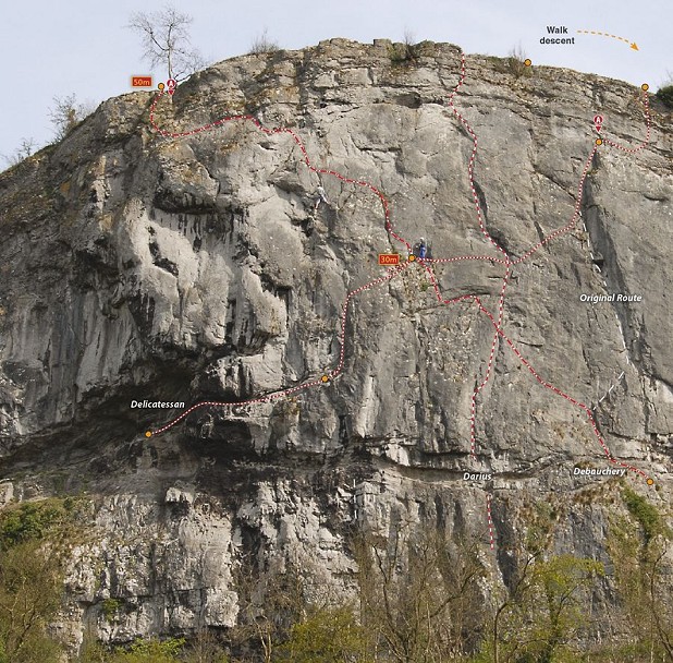 The Main Face of High Tor with the 'D' routes  © Rockfax