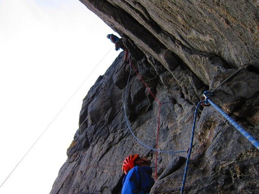 Jimmy just past the crux of the last pitch of Spit in Paradise, E4 6a  © Duncan Campbell