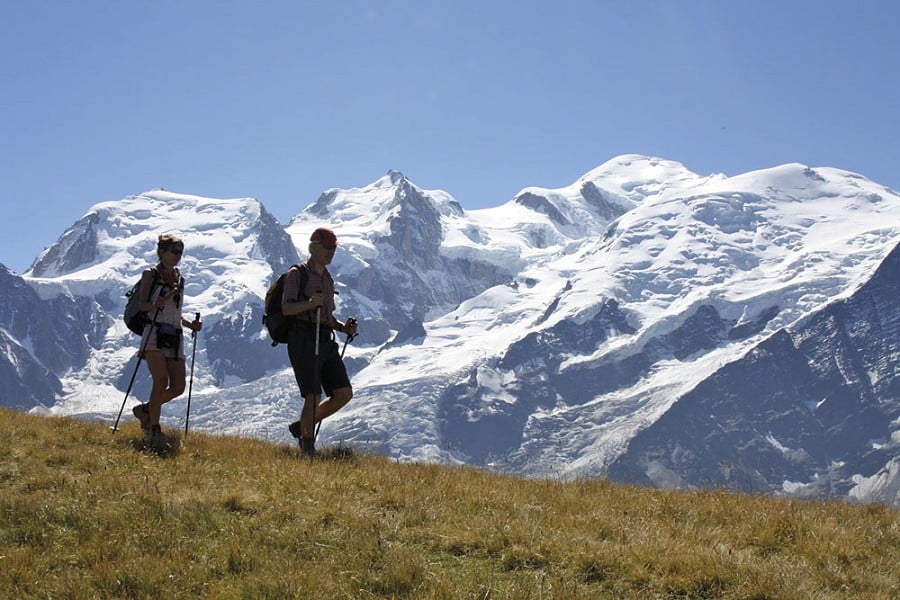 Mont Blanc as backdrop while walking near the Refuge Bel Lachat  © Cicerone & Hilary Sharp