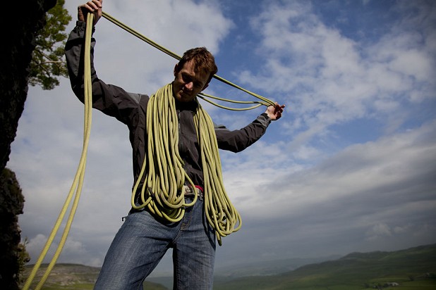 Coiling the rope on a slightly damp day in the Arc'teryx Gamma SL  © Jack Geldard