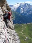 Grohmannspitze South Face 'Dimai' route, pitch 4 - an airy traverse!