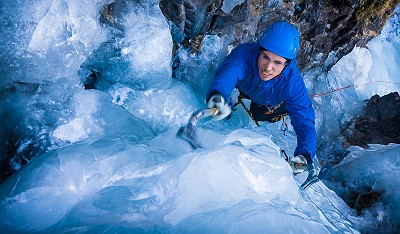 Simon Birkebæk climbs a small ice gully in Kandersteg.   © Ulrik Hasemann