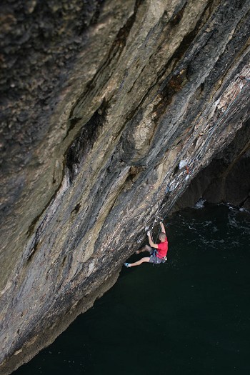 Neil Gresham checking out 'Olympiad' 8b on abseil. One of the hardest routes he thinks he has ever climbed.  © Martin Allen