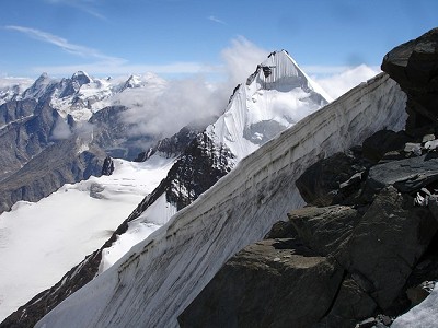 The top of the summit gully on CB13, unclimbed, in the Indian Himalaya, Lahaul.   © Adrienne