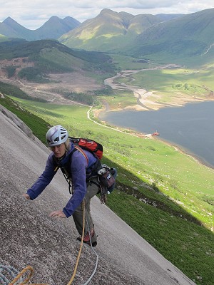 Clare approaching the stance at the end of pitch 4. Leading through was 'practical and enjoyable...'  © Neil Foster