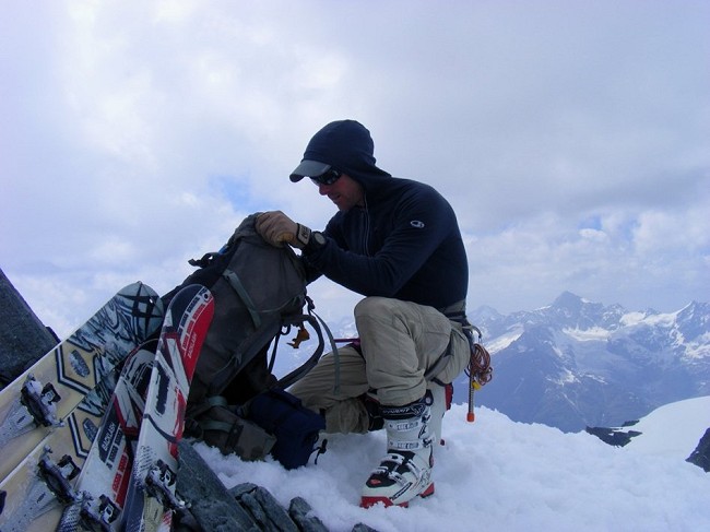 On the summit of the Allallinhorn after a ski ascent in June  © Charlie Boscoe