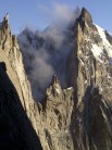 view of chamonix aiguilles showing superb route up fou on left and caimen, crocodile and plan