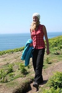 Sarah Stirling testing the Patagonia Simple Guide Pants in Pembrokeshire  © Dawn Jay