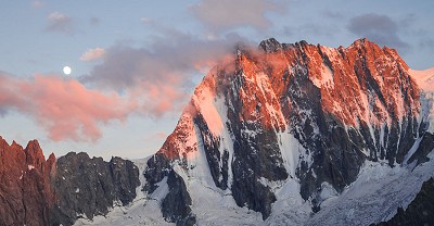 An evening view towards the impressive north face of Grandes Jorasses from the Couvercle hut. Chamonix, France.   © Ulrik Hasemann